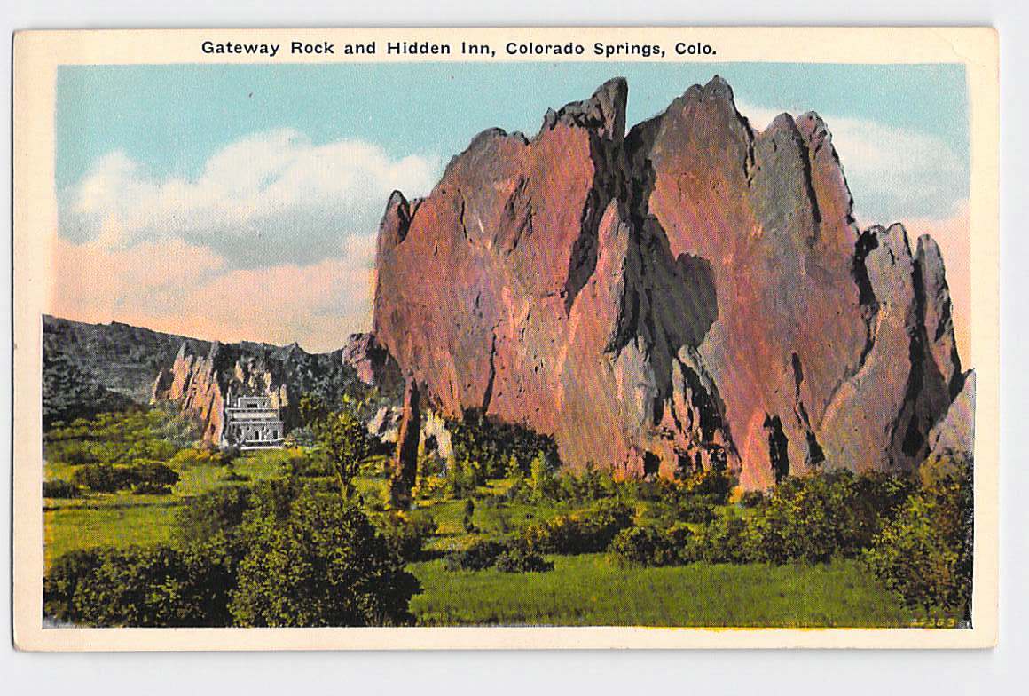 Postcard CO Colorado Colorado Springs Gateway Rock & Hidden Inn White Border 1920s Unused