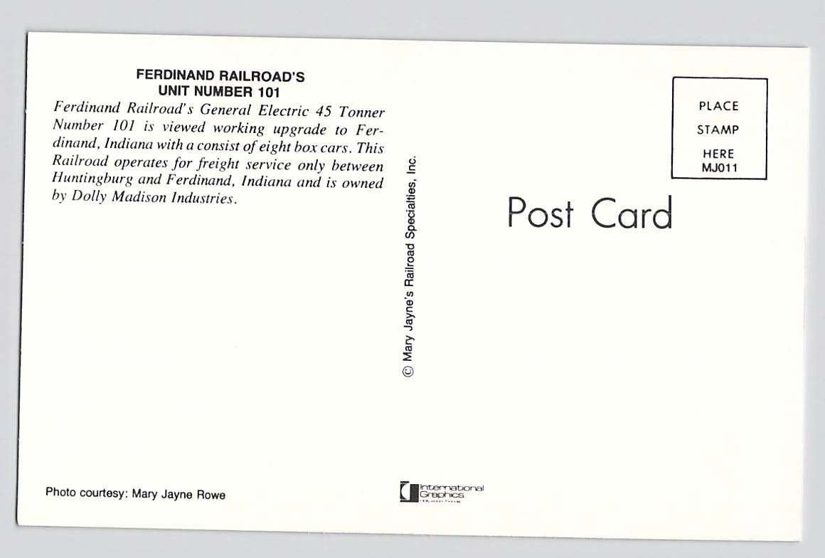 Postcard IN Indiana Huntingburg Ferdinand Railroad Unit 101 Trail Chrome Unused