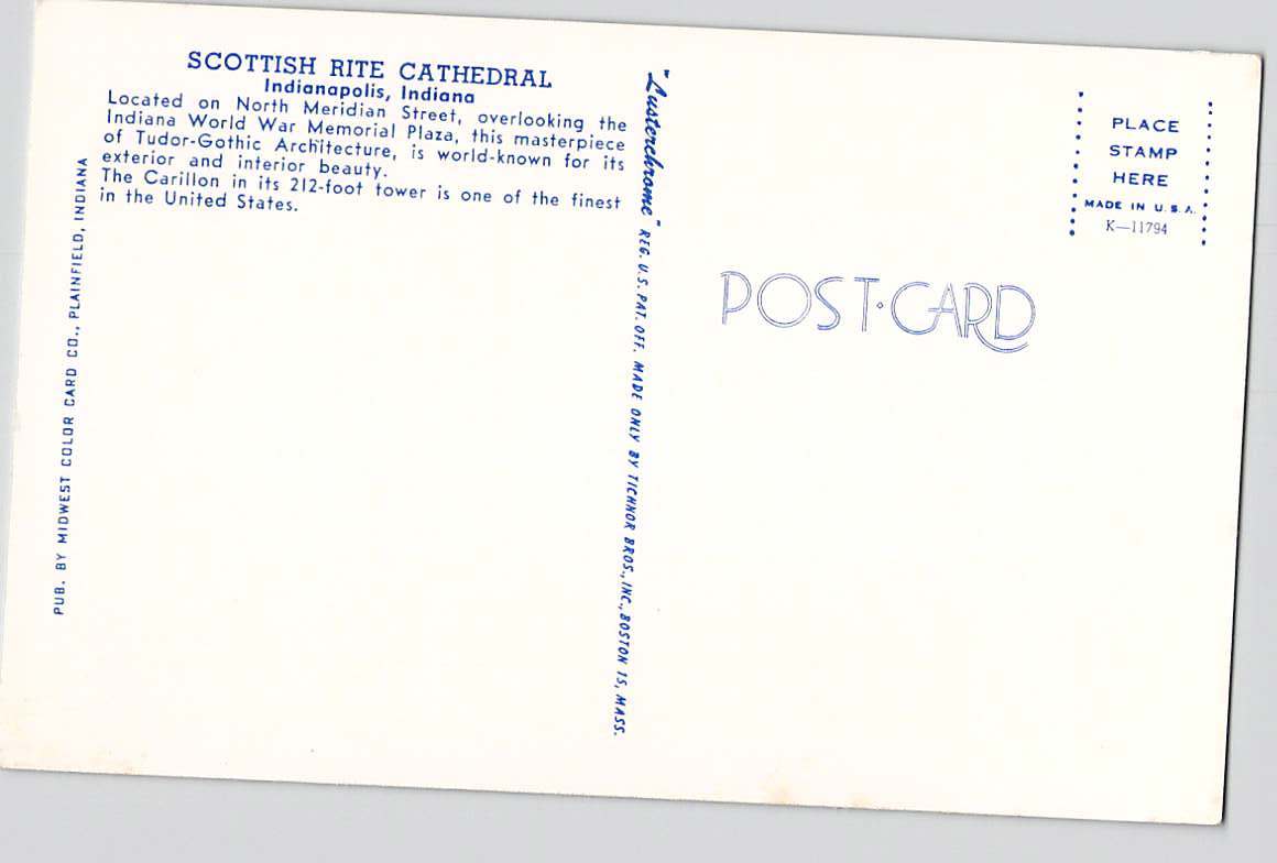 Postcard IN Indiana Indianapolis Scottish Rite Cathedral Chrome Unused