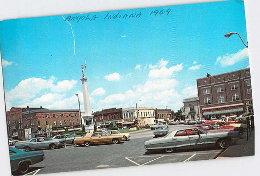 Postcard IN Indiana Angola Civil War Monument Old Cars Used