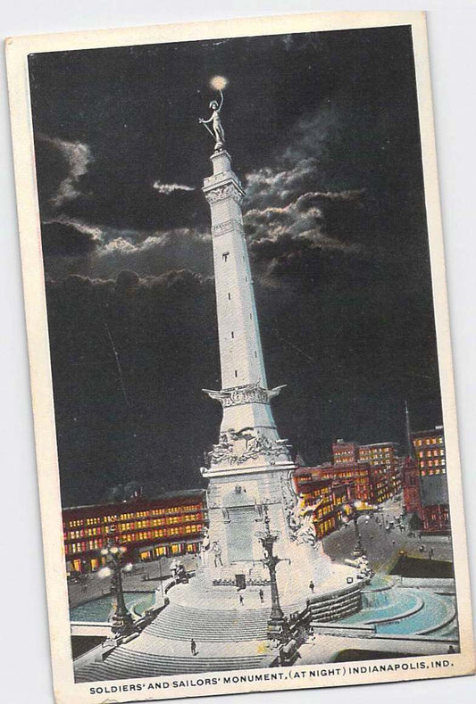 Postcard IN Indiana Indianapolis Soldier Sailors Monument at Night White Border