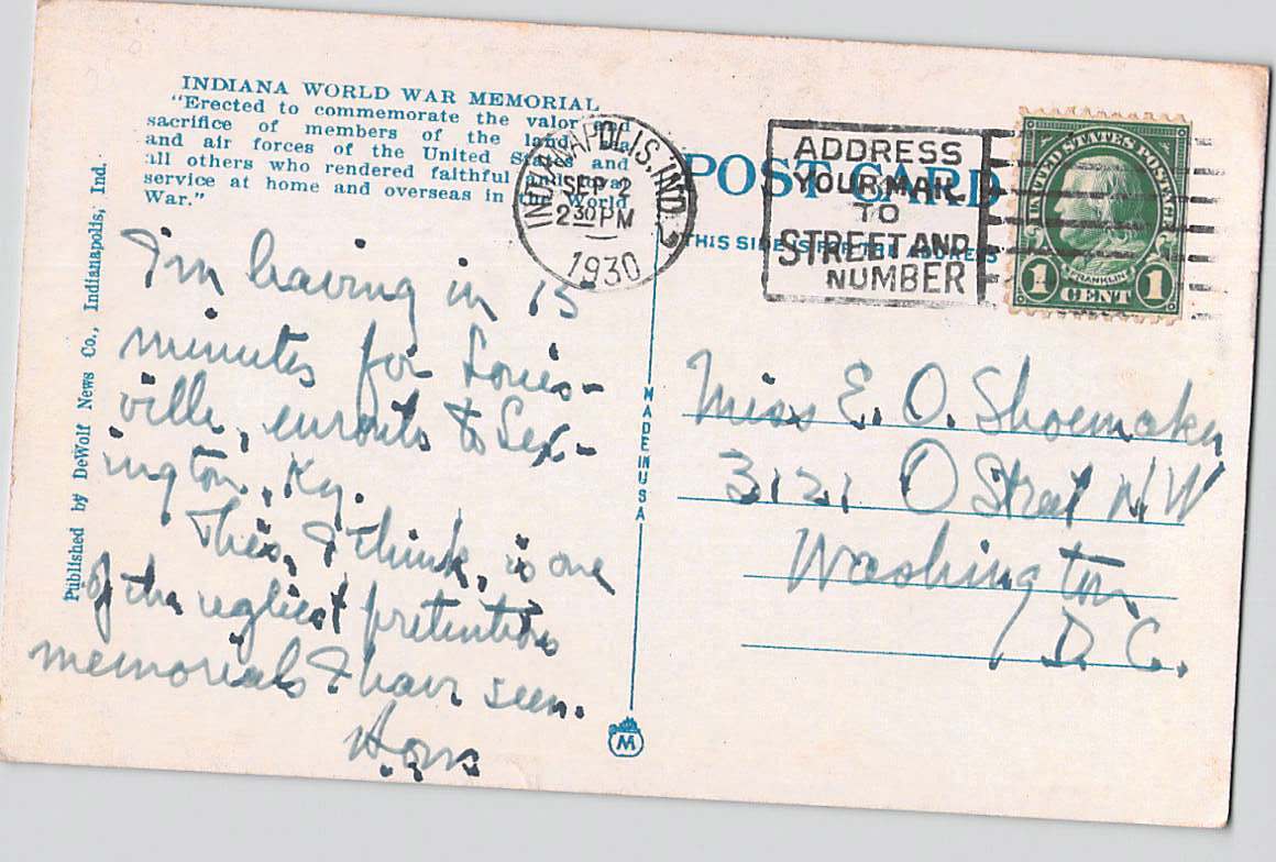 Postcard IN Indiana Indianapolis World War Memorial White Border Used