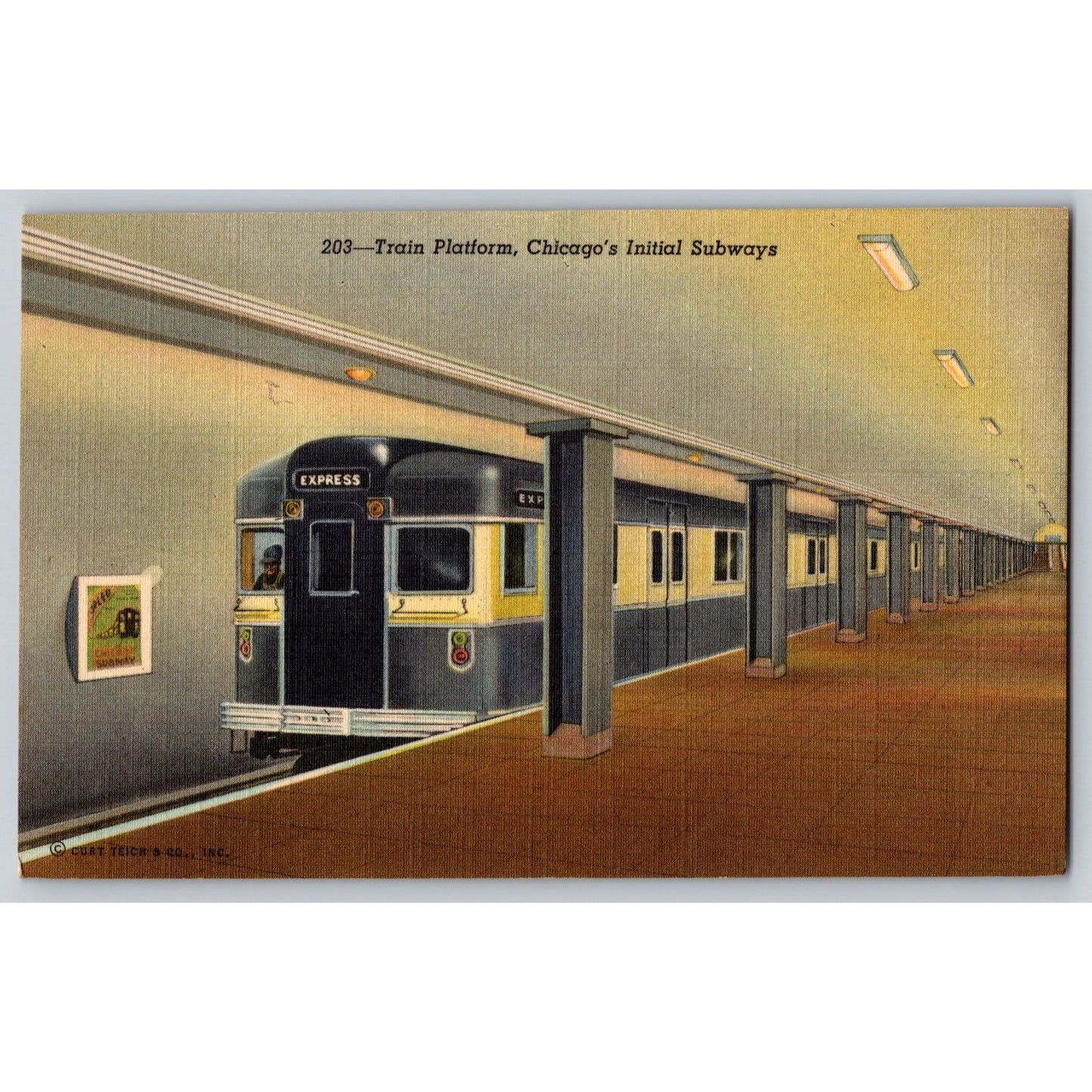 Chicago IL Illinois Train Platform Initial Subways Express Illustration 1940s Postcard