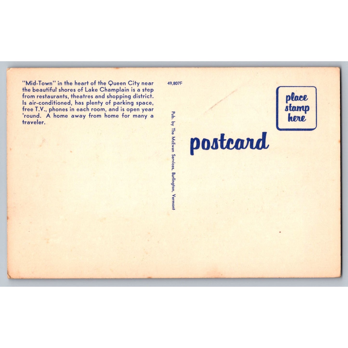 Burlington VT Vermont Mid-Town Motel 1970s Chrome Postcard Unused
