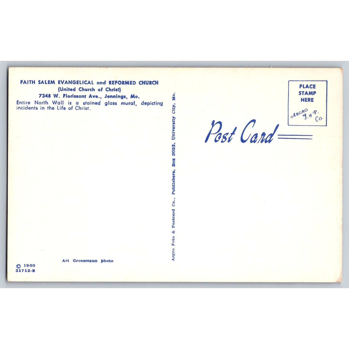 Jennings MO Missouri Faith Evangelical Reformed Church Stained Glass Postcard