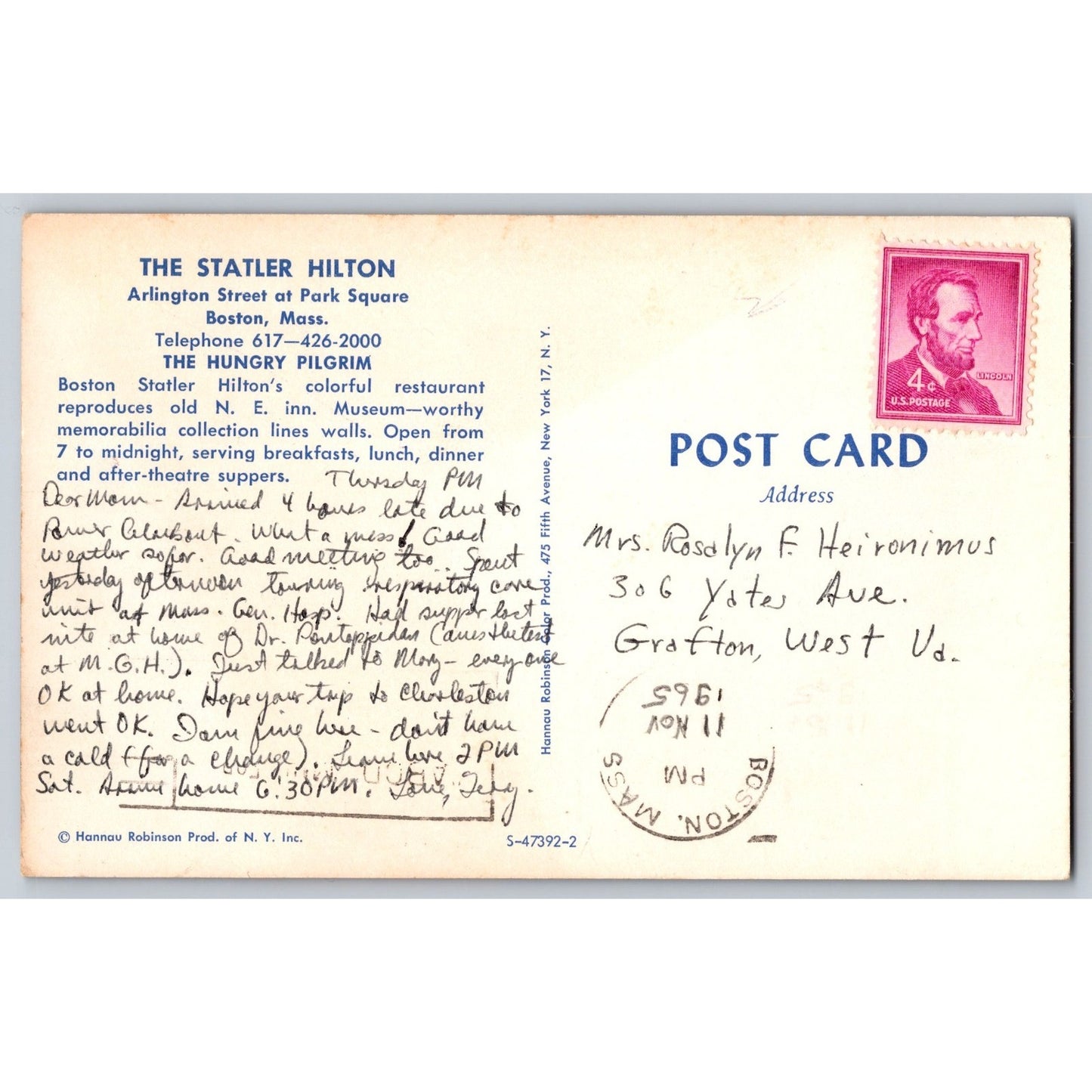 Boston MA Massachusetts Statler Hilton 1965 Chrome Postcard Used with Stamp