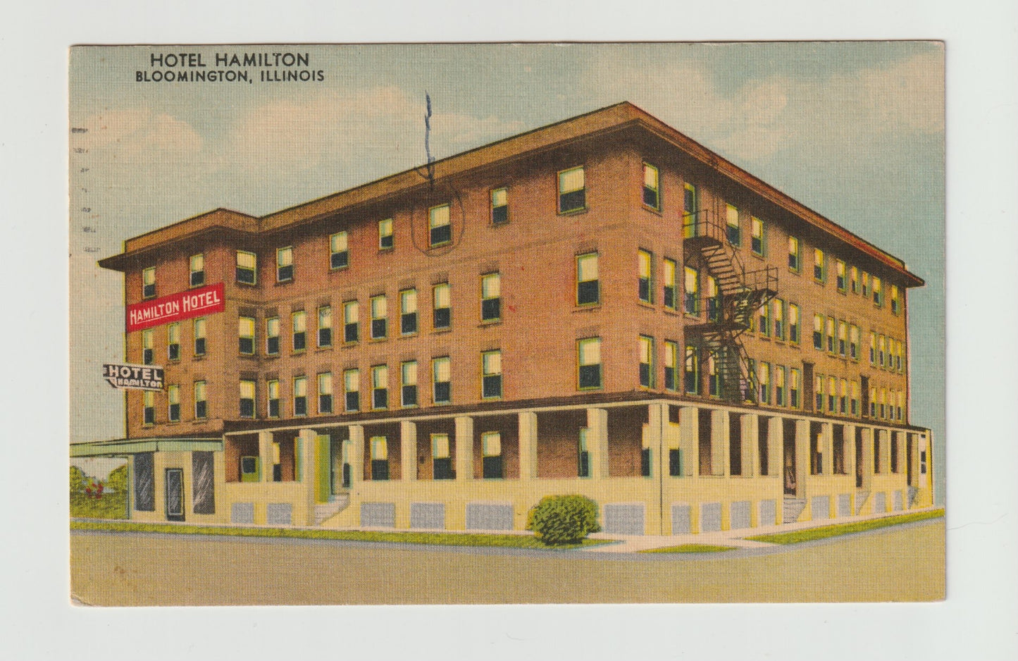 Postcard IL Illinois Bloomington Hotel Hamilton Linen Used