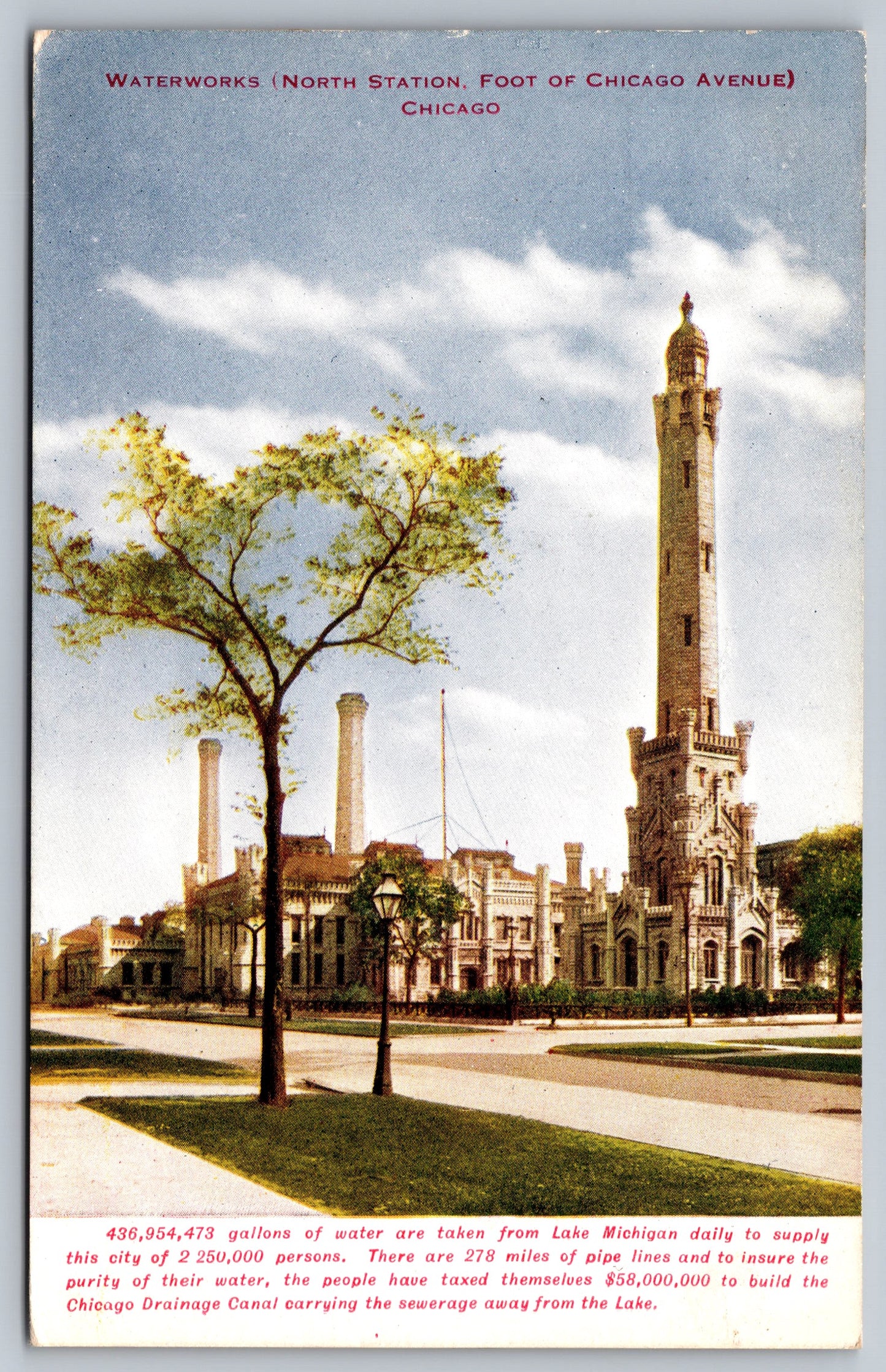 Postcard IL Illinois Chicago Ave Waterworks North Station Early 1900s Divided Unused