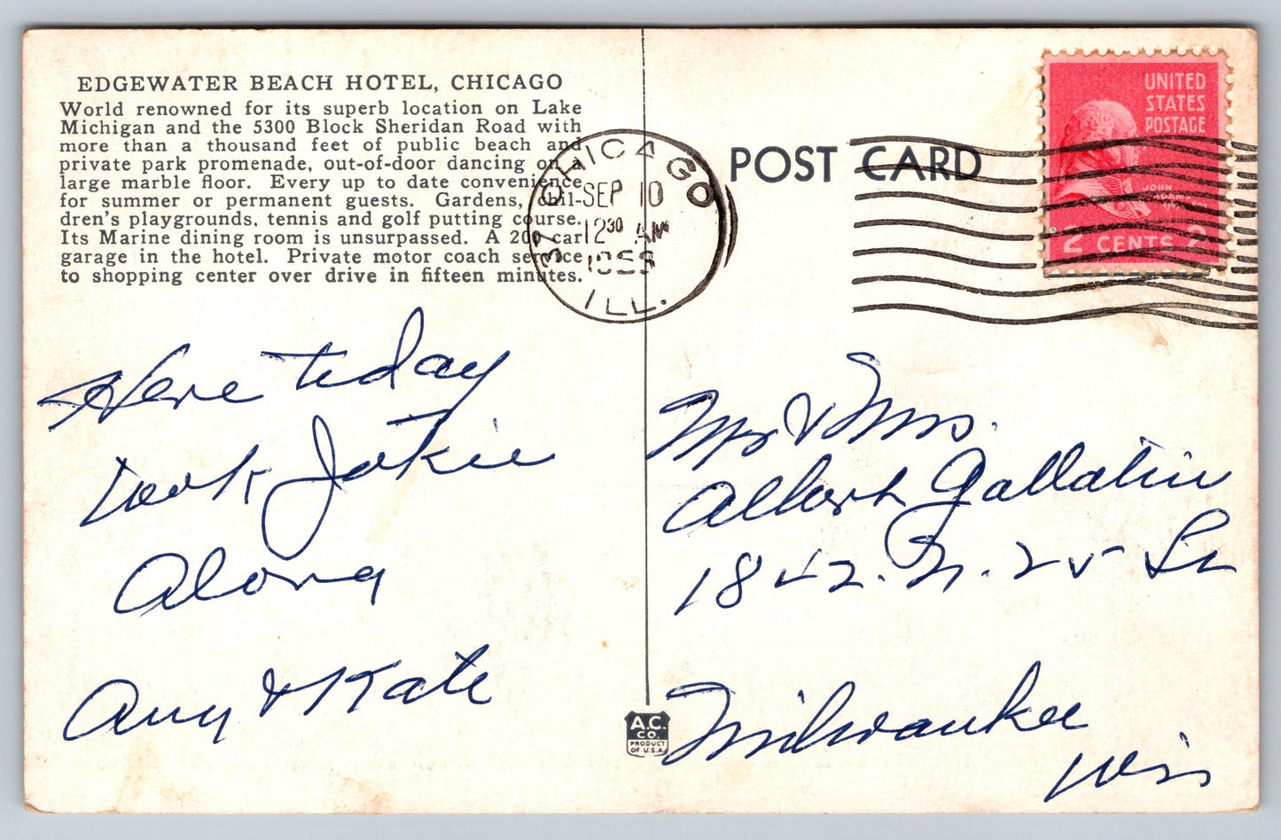 Postcard IL Illinois Chicago Edgewater Hotel White Border Used