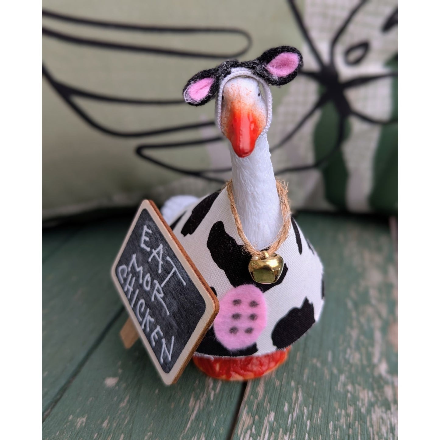 Cow Eat More Chicken - 4" Goose Figurine With Handcrafted Outfit For Home Or Office Décor