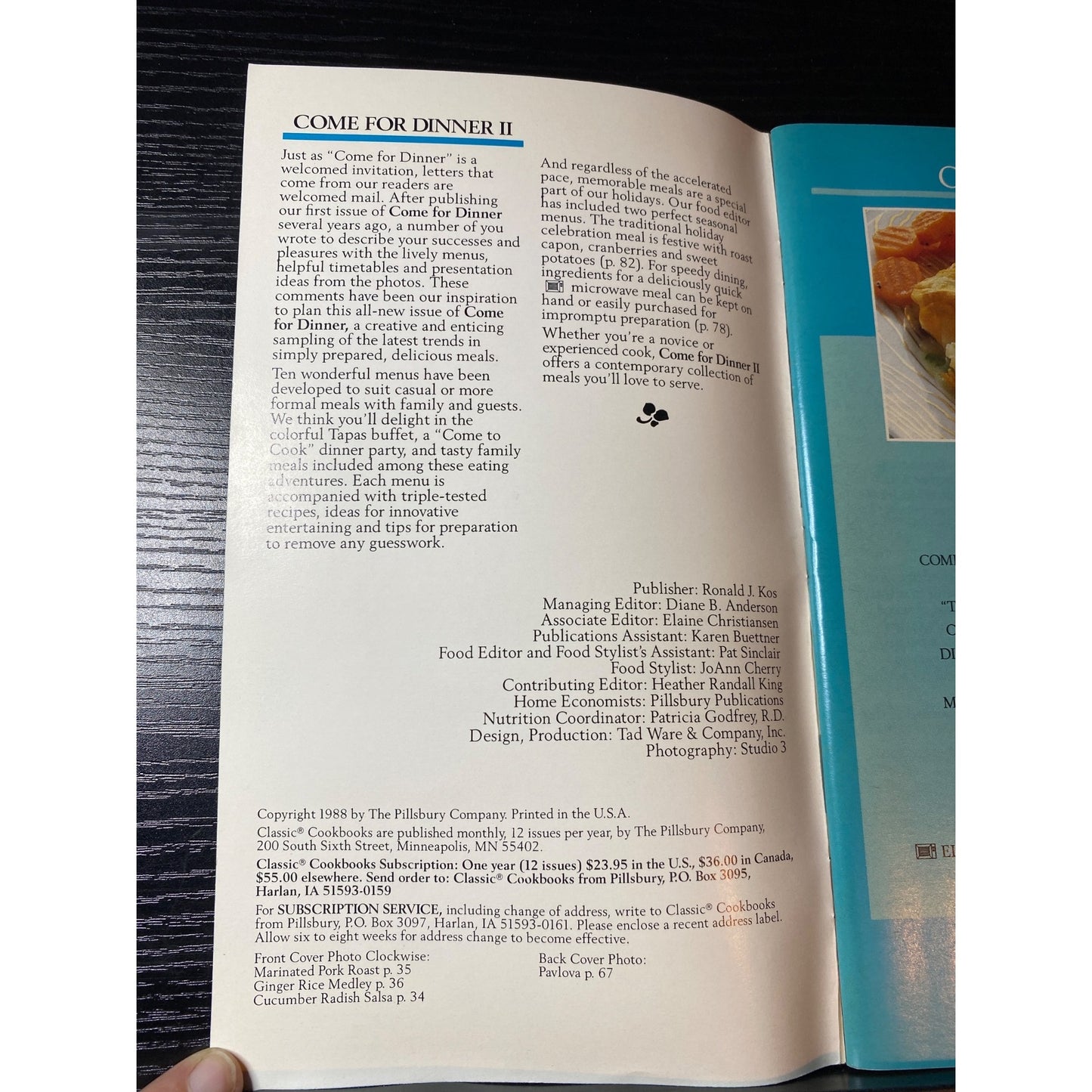 Pillsbury Classic Cookbook Booklet Come For Dinner II 1988 10 Meals With Menus