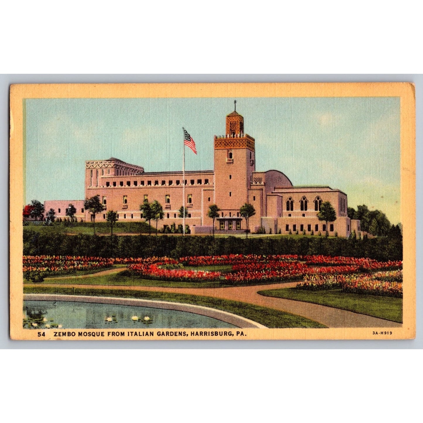 Harrisburg PA Pennsylvania Zembo Mosque Italian Gardens Linen Postcard 1930