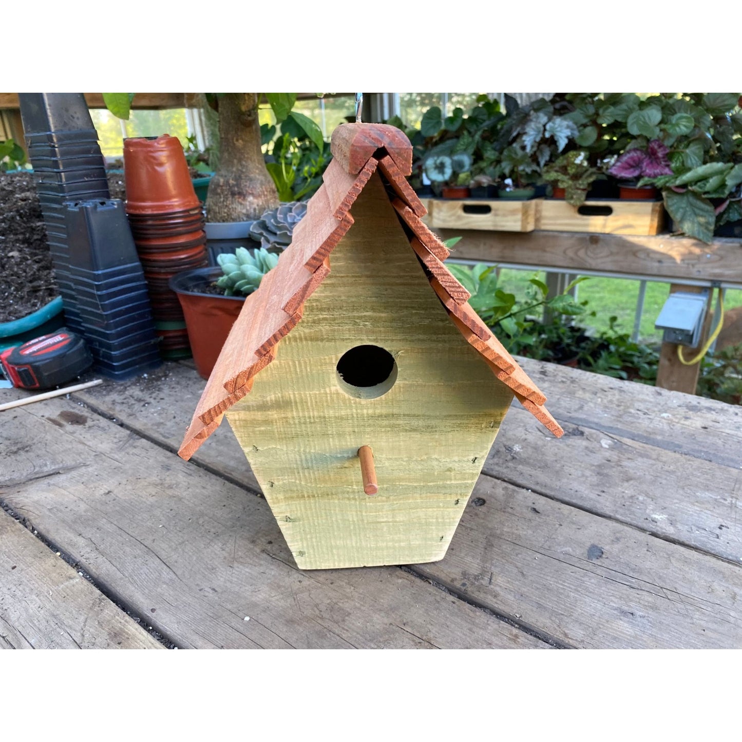 Handmade Birdhouse for Outdoor Use - Bayberry Green Milk Paint and Stained Roof