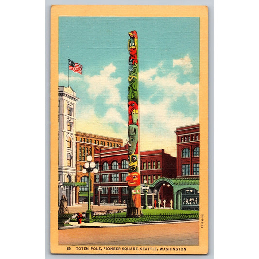 Seattle WA Washington Totem Pole Pioneer Square Linen Postcard Unused