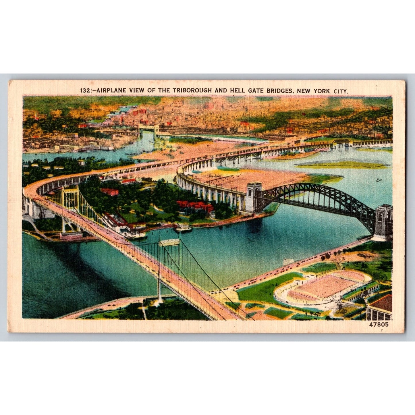 New York City NY Triborough Hell Gate Bridges White Border Postcard Used
