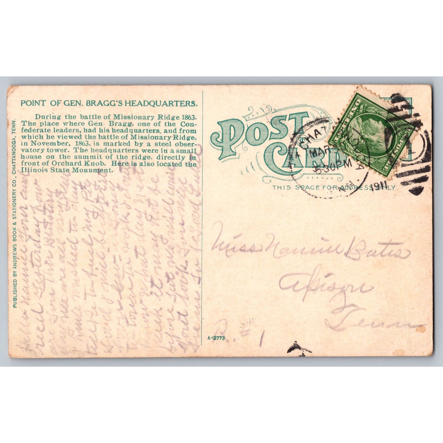 Chattanooga TN Tennessee Gen Braggs Headquarters Missionary Ridge 1911 Postcard