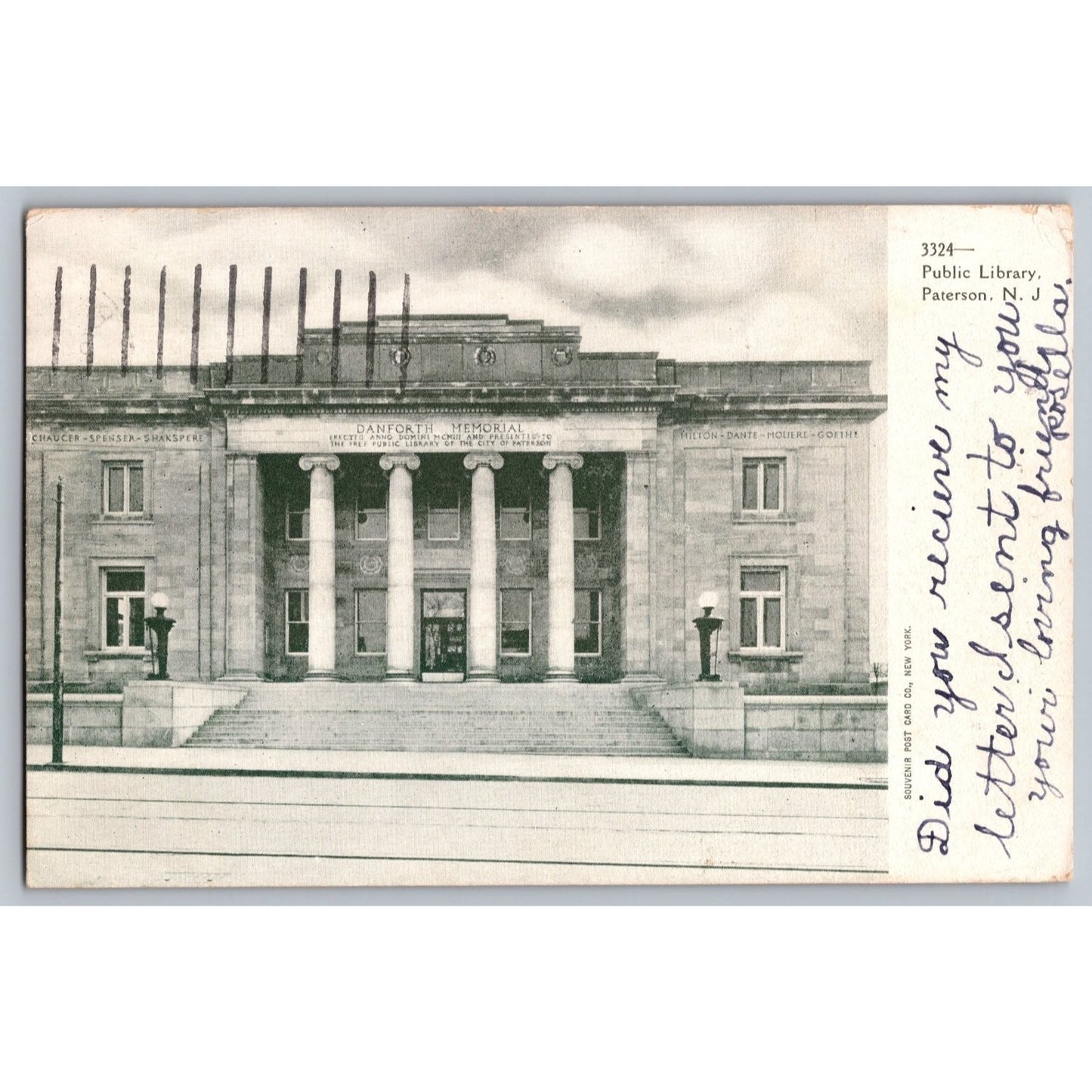 Paterson NJ New Jersey Danforth Memorial Public Library 1905 Undivided Postcard