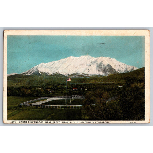 Provo UT Utah BYU Stadium Mount Timpanogos White Border Postcard Used