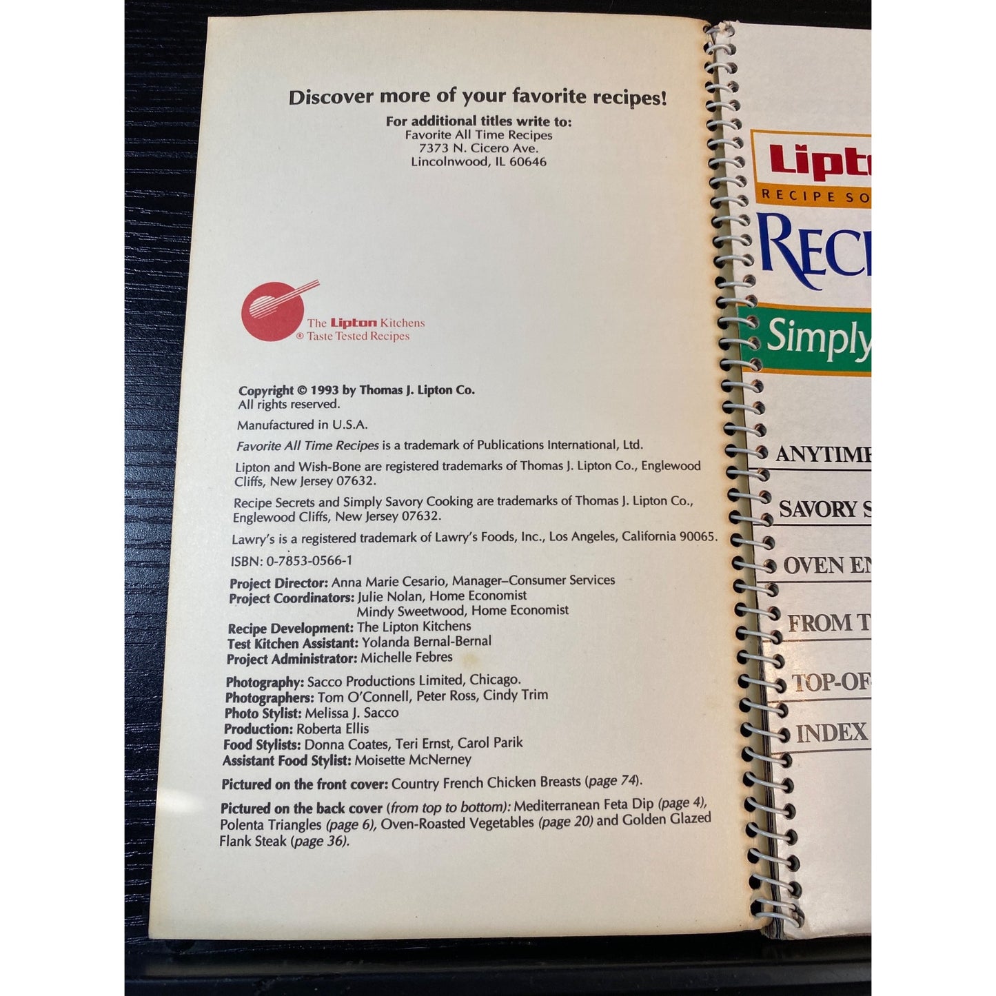 Lipton Recipe Secrets Simply Savory Cooking Spiral-Bound Cookbook Booklet 1993