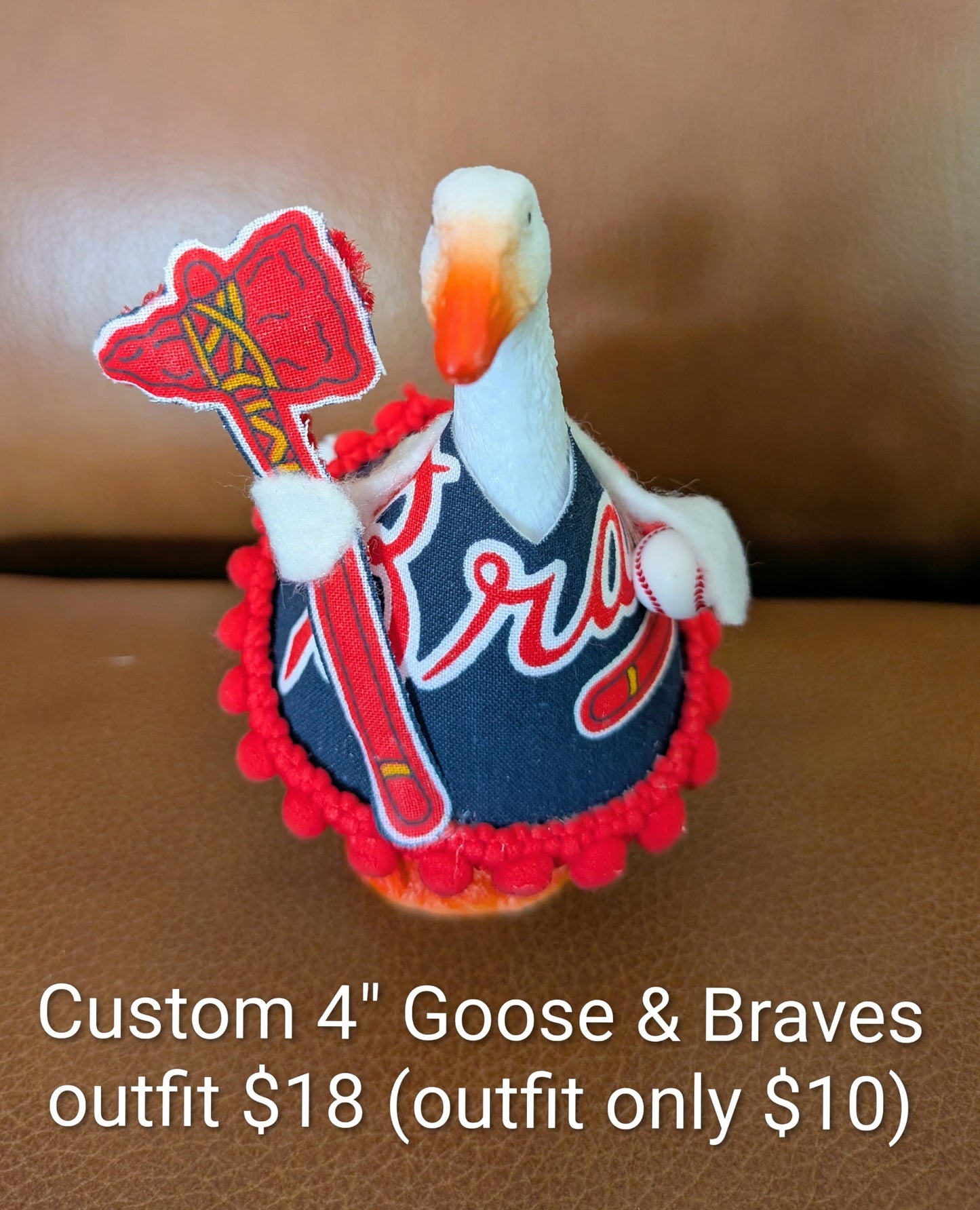 Custom Order Braves Theme No Bow - 4" Goose Figurine With Handcrafted Outfit For Home Or Office Décor