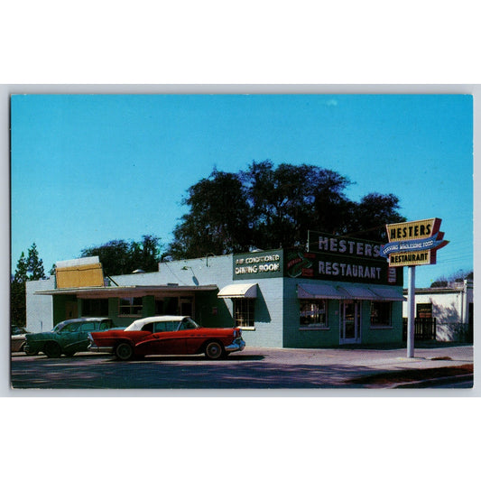 Leesburg FL Florida Hester's Restaurant Old Cars 1950s Chrome Postcard Unused