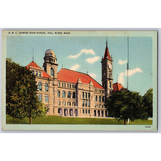 Fall River MA Massachusetts B M C Durfee High School Linen Postcard