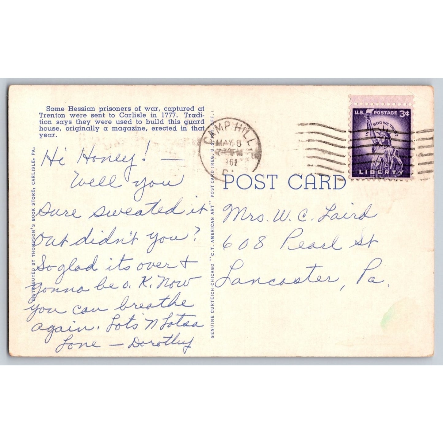 Carlisle PA Pennsylvania Hessian Guard House Barracks White Border Postcard Used