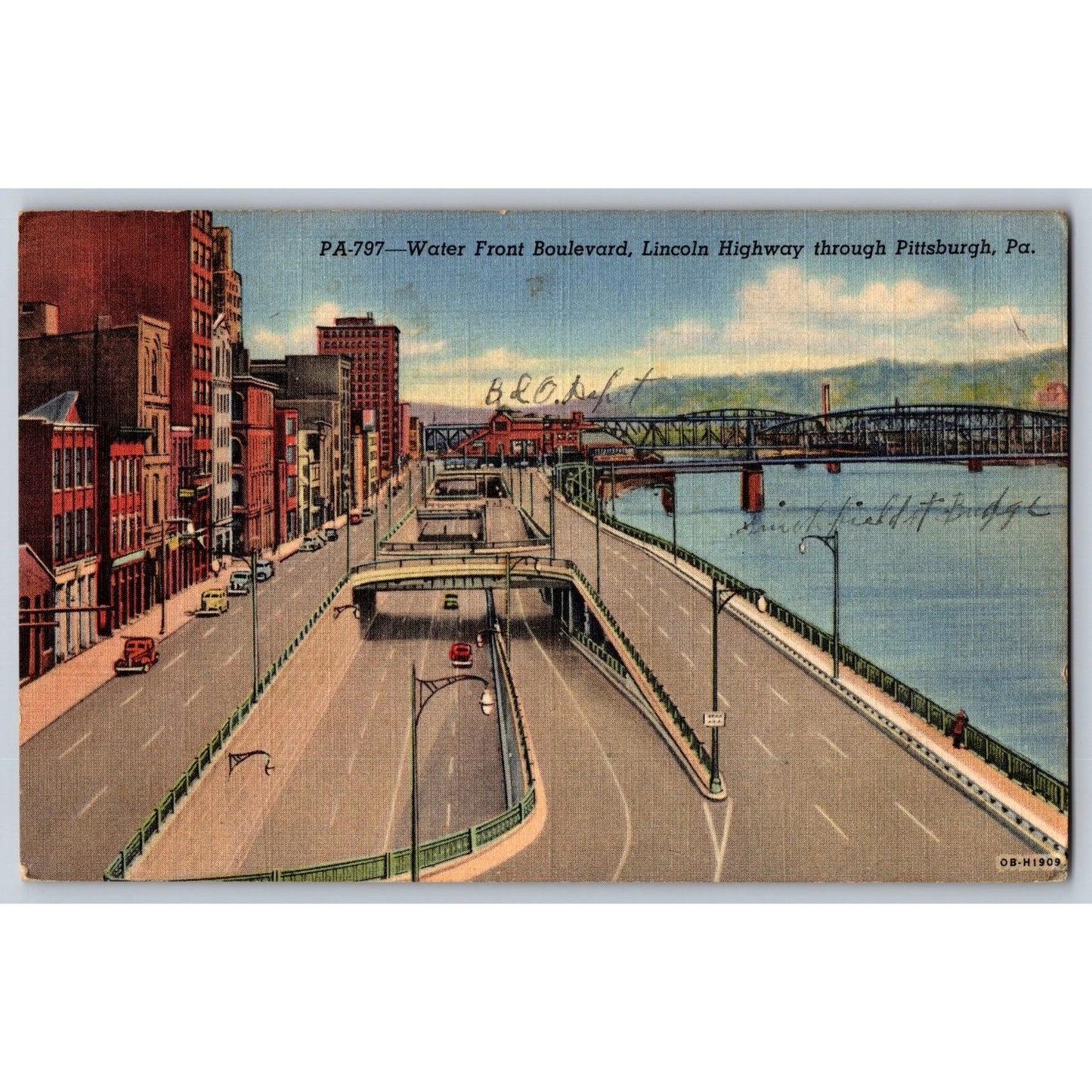 Pittsburgh PA Pennsylvania Water Front Boulevard Lincoln Highway Linen Postcard