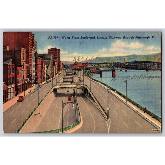 Pittsburgh PA Pennsylvania Water Front Boulevard Lincoln Highway Linen Postcard