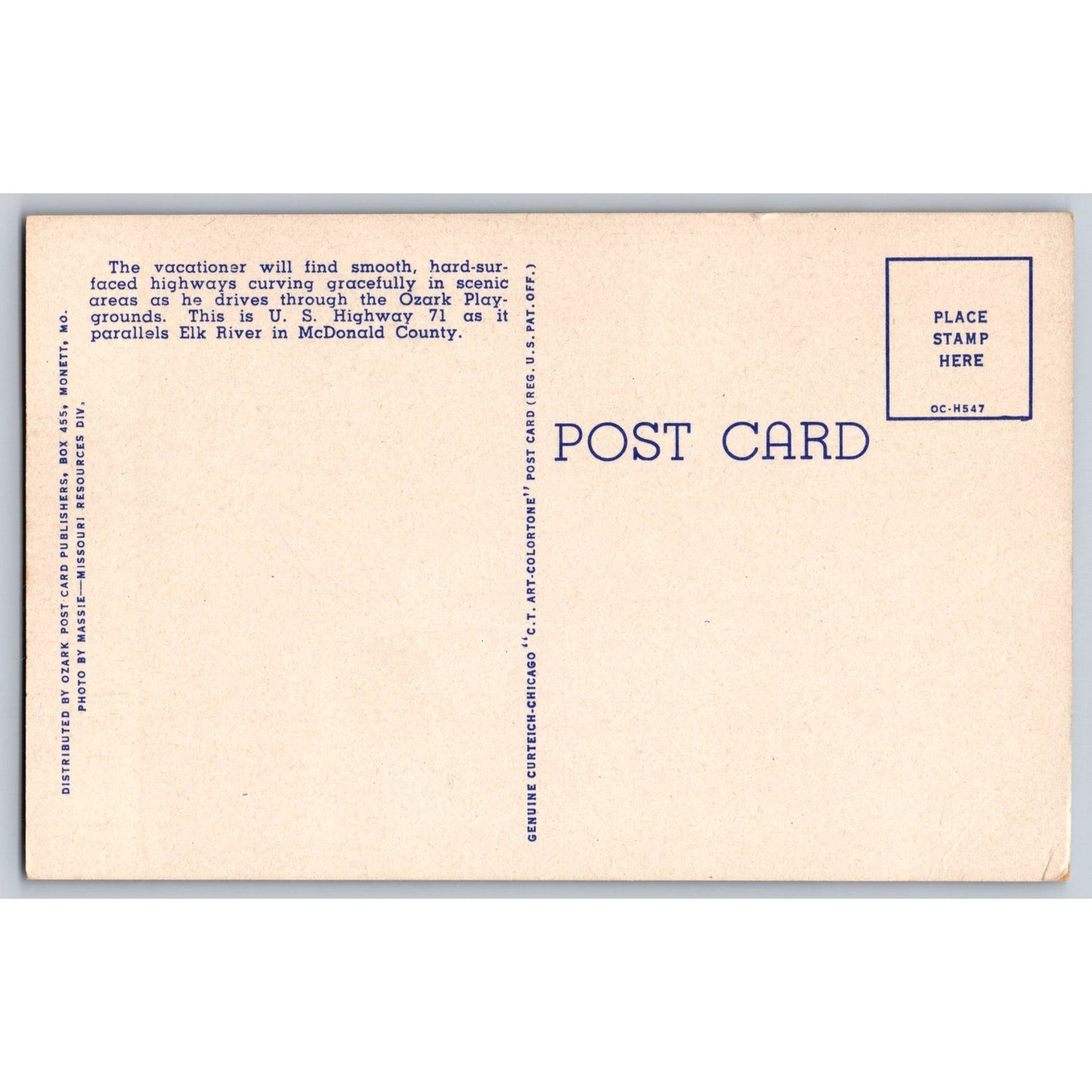 McDonald County MO Missouri Elk River Ozarks Scenic Hwy 71 Linen Postcard