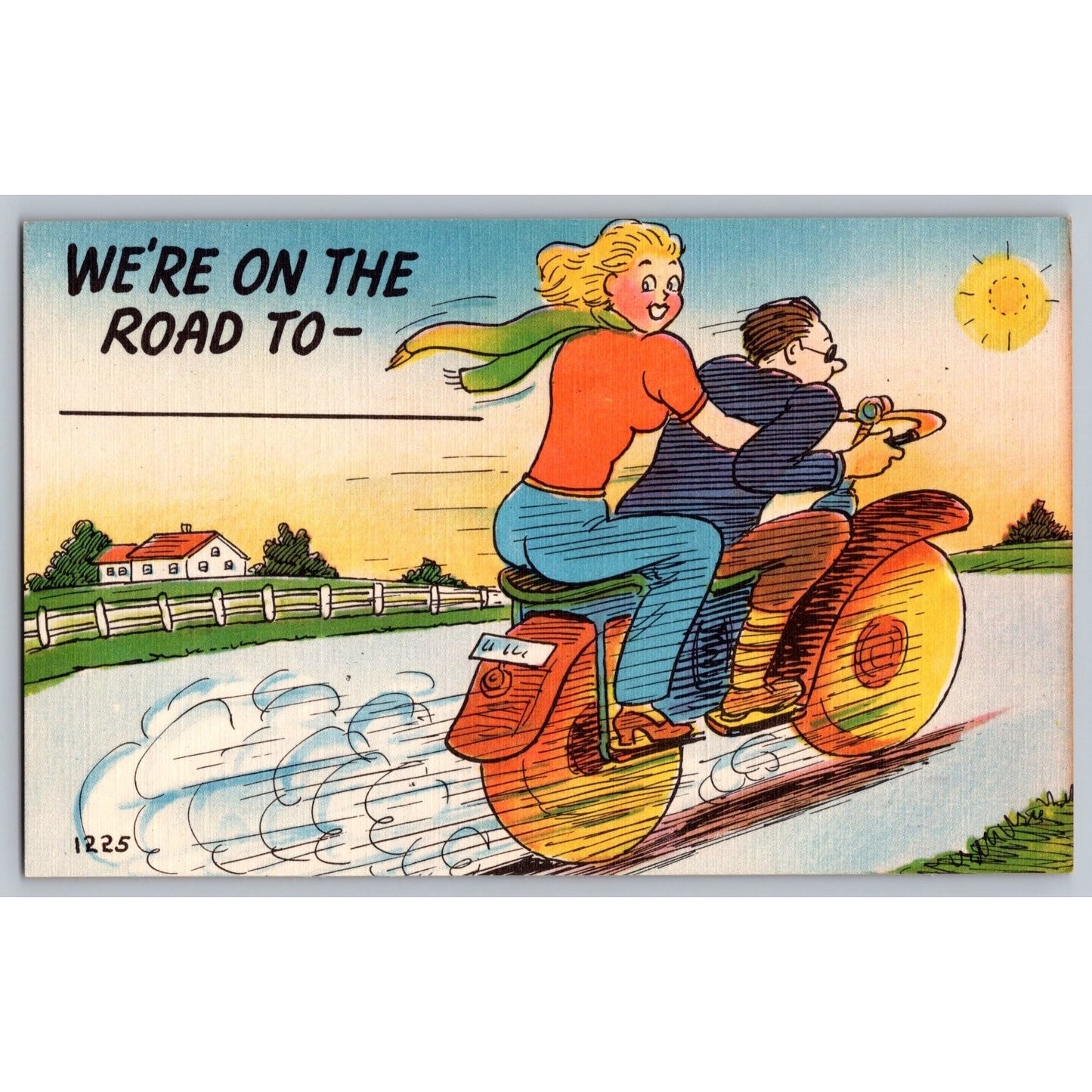 Comic Postcard Humorous Couple Riding Motorcycle Linen Unused