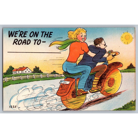 Comic Postcard Humorous Couple Riding Motorcycle Linen Unused