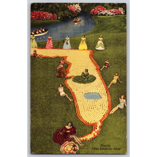 Cypress Gardens Fl Florida Southern Bells State Map 1950s Linen Postcard Used