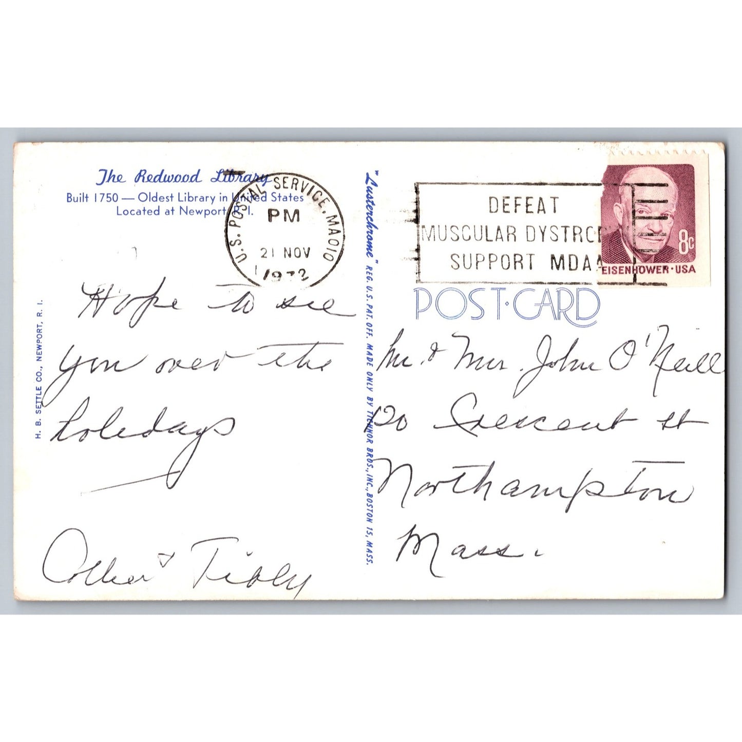 Newport RI Rhode Island Redwood Oldest US Library Chrome Postcard Used