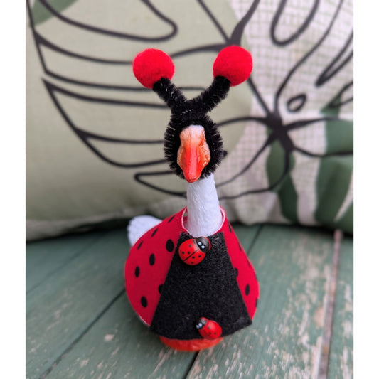 Lady Bug - 4" Goose Figurine With Handcrafted Outfit For Home Or Office Décor