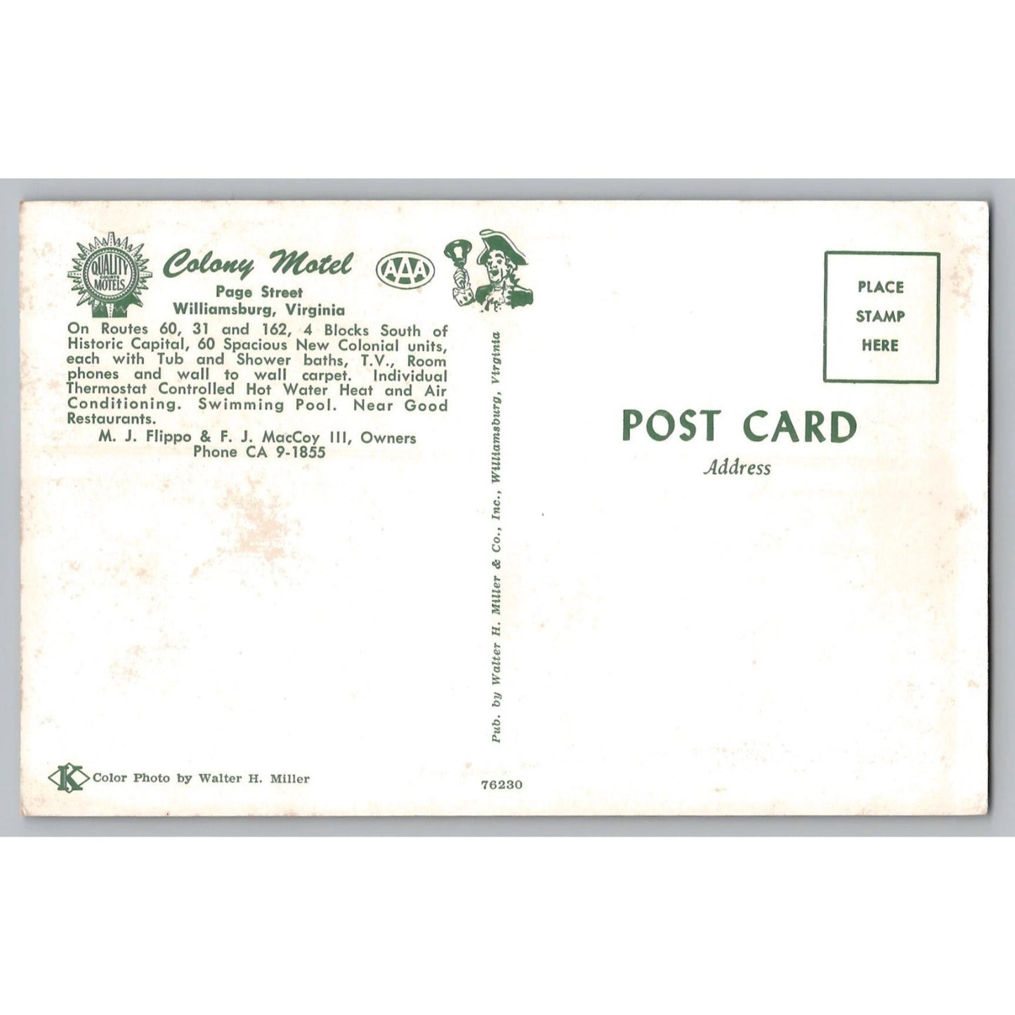 Williamsburg VA Virginia Colony Motel Quality Courts Chrome Postcard Unused
