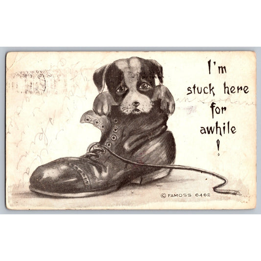 Comic Postcard Humorous I'm Stuck Here Puppy in Boot 1909 Illustrated FAMOSS