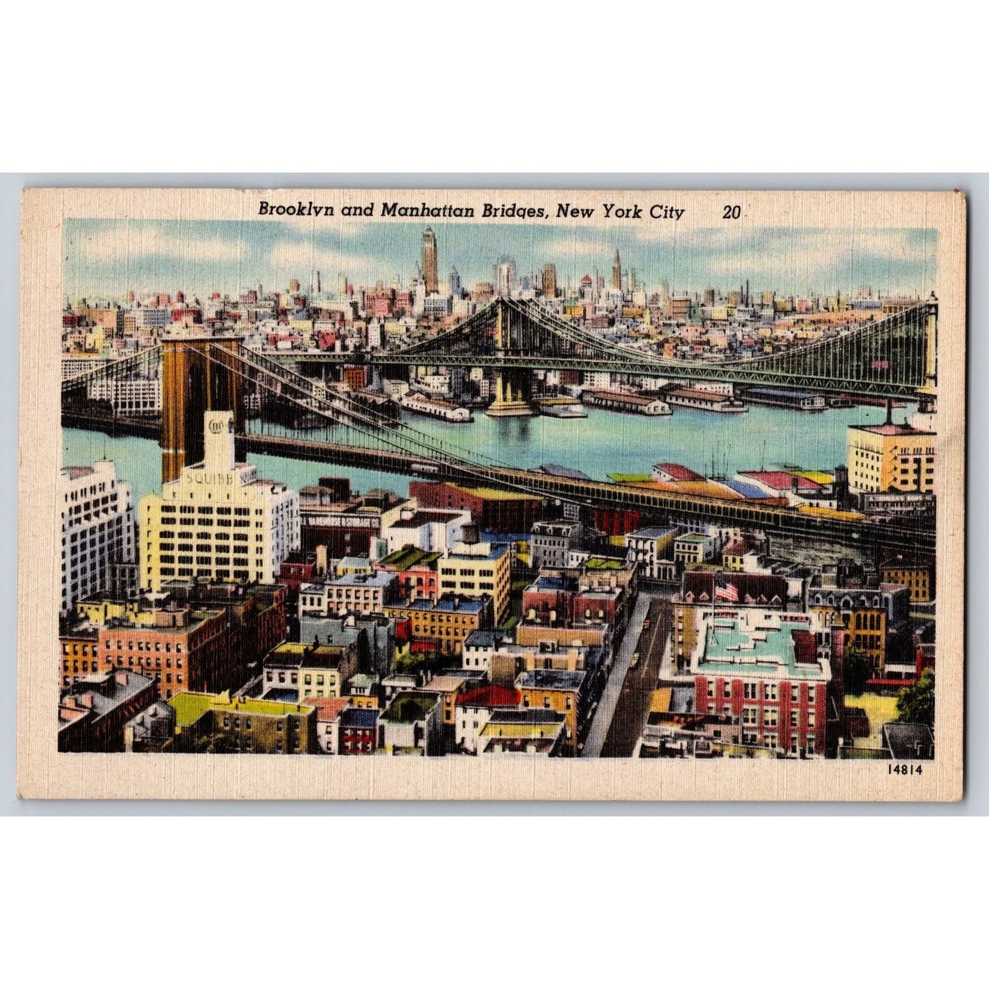 New York City NY Brooklyn and Manhattan Bridges White Border Postcard Unused
