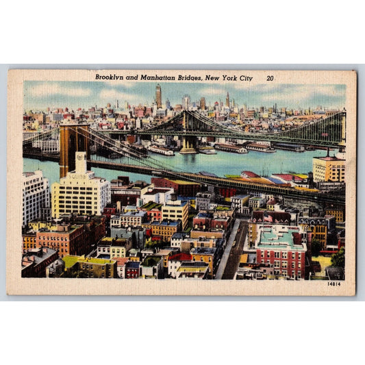 New York City NY Brooklyn and Manhattan Bridges White Border Postcard Unused