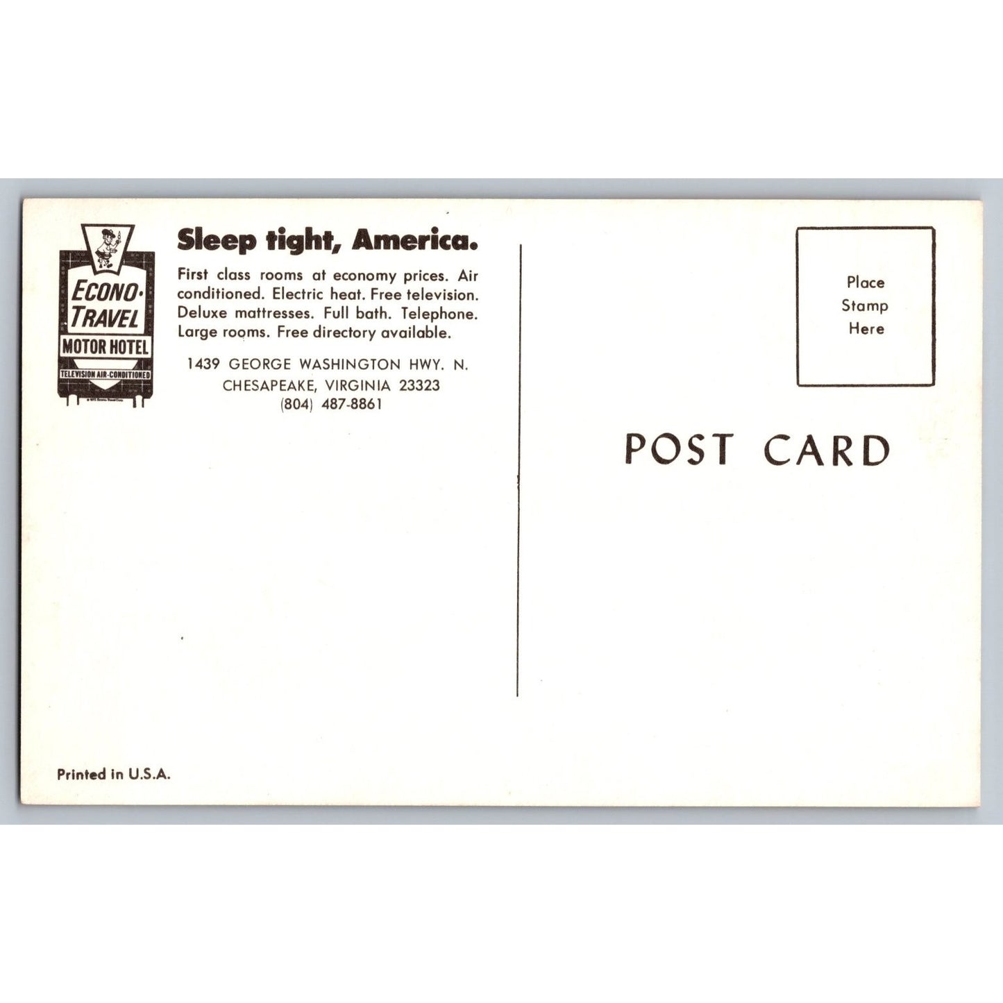 Chesapeake VA Virginia Econo Travel Motor Hotel 1960s 70s Chrome Postcard Unused
