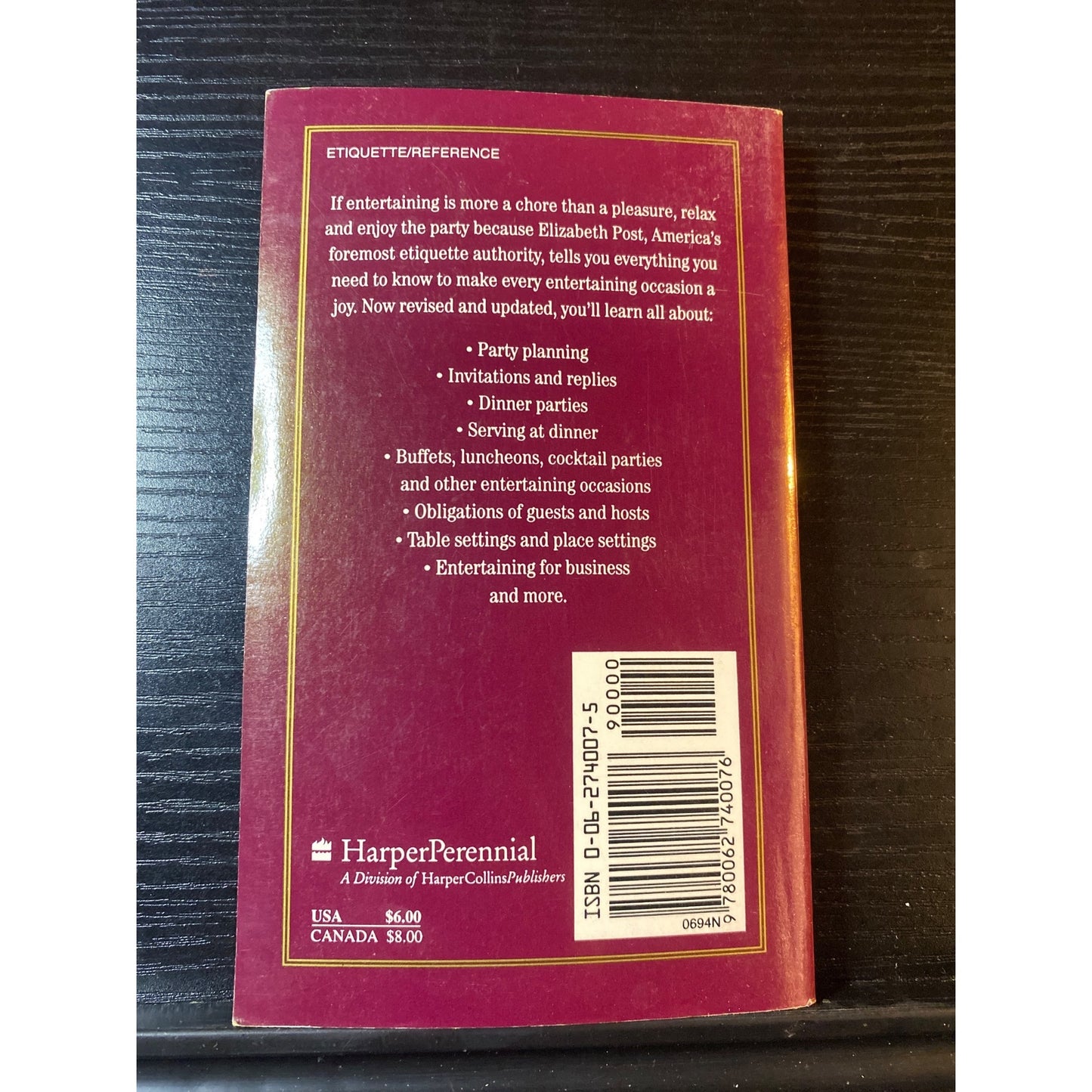 Emily Post On Entertaining Revised Edition By Elizabeth L. Post HarperPerennial 1994 Paperback