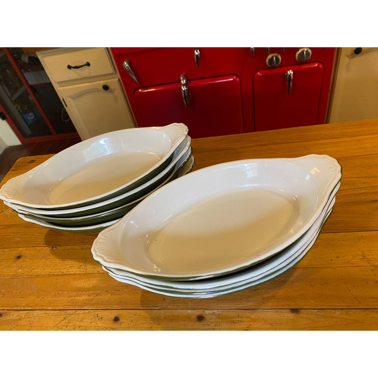 Hall 529 Green & White Oval Baking Dishes With Handles USA Made Set of 4