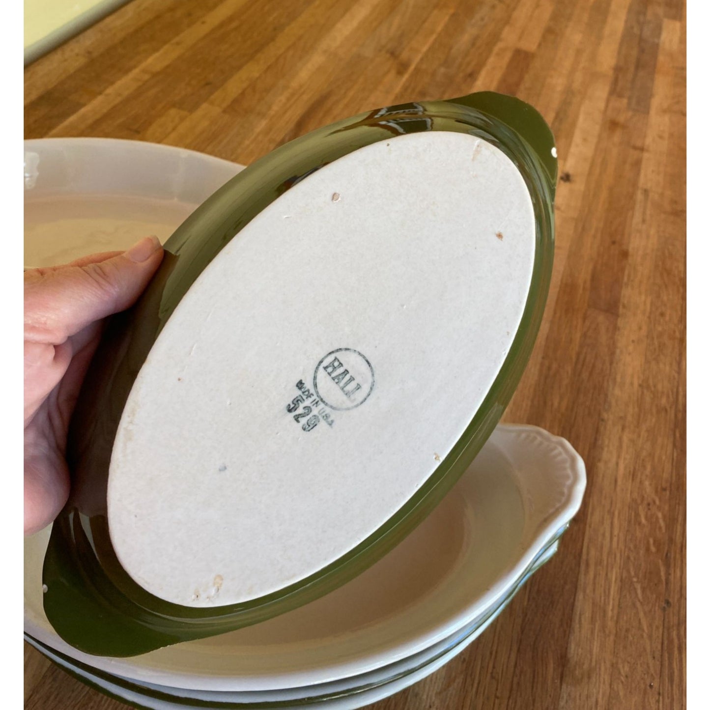 Hall 529 Green & White Oval Baking Dishes With Handles USA Made Set of 4