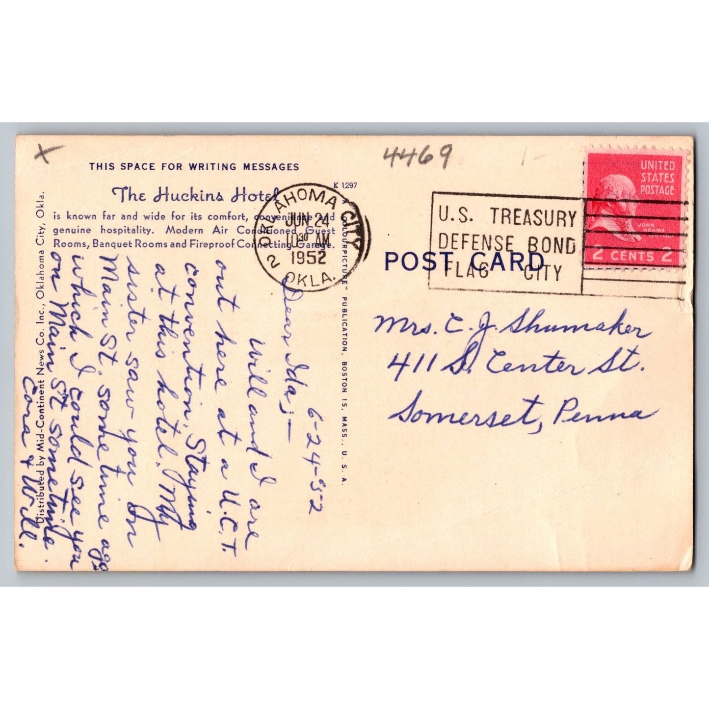 Oklahoma City OK Huckins Hotel 1952 Linen Postcard Used