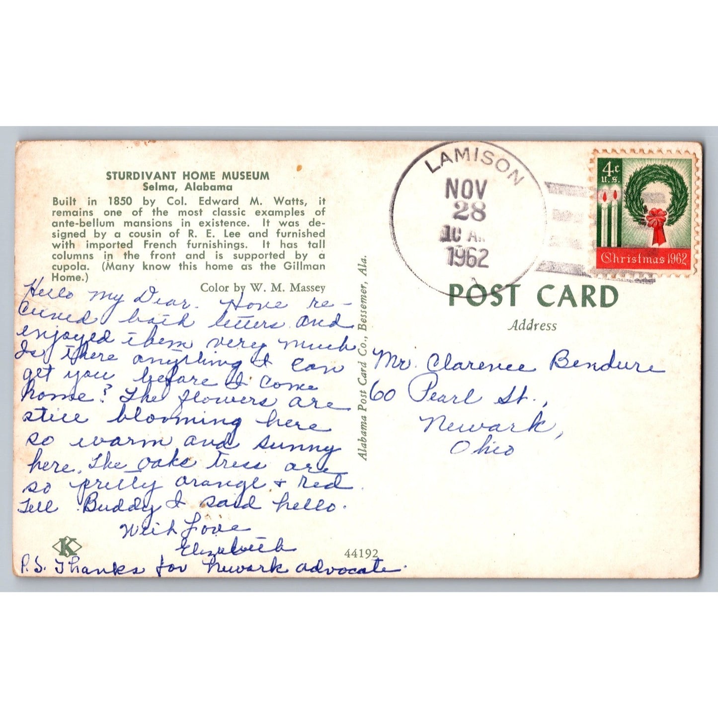 Selma AL Alabama Sturdivant Home Museum 1962 Chrome Postcard Used