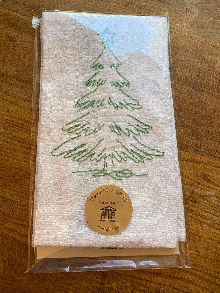 Hand Embroidered Flour Sack Cloth - Christmas Tree - Green Stripe