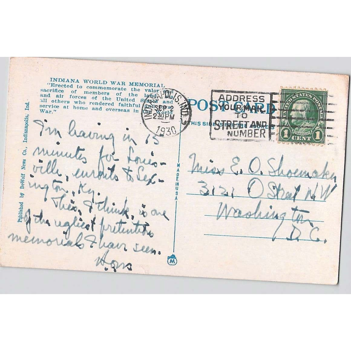 Indianapolis IN Indiana World War Memorial White Border Postcard Used