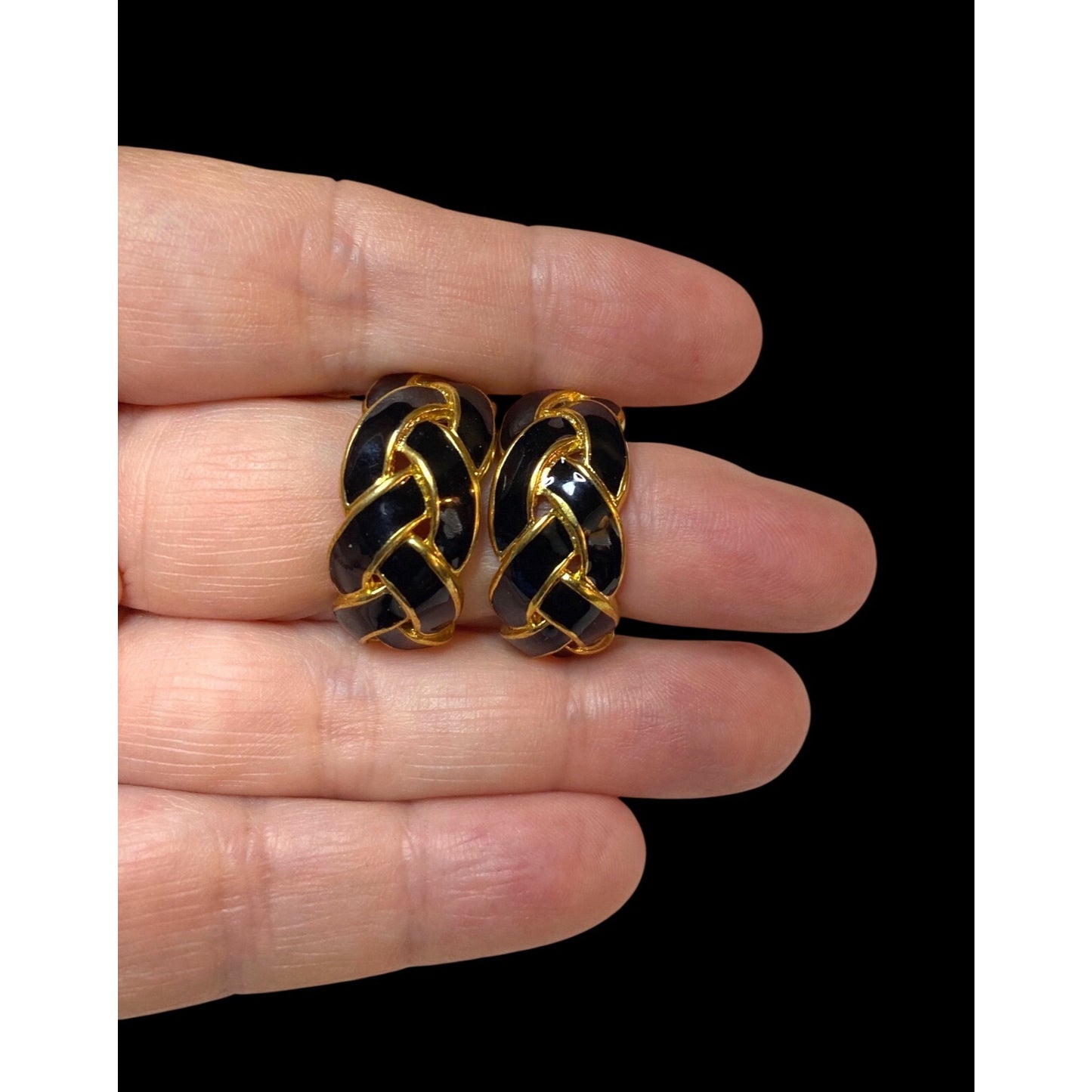 Clip-On Earrings Black Enamel Gold Tone Twist Knot Braided Basket Weave Design
