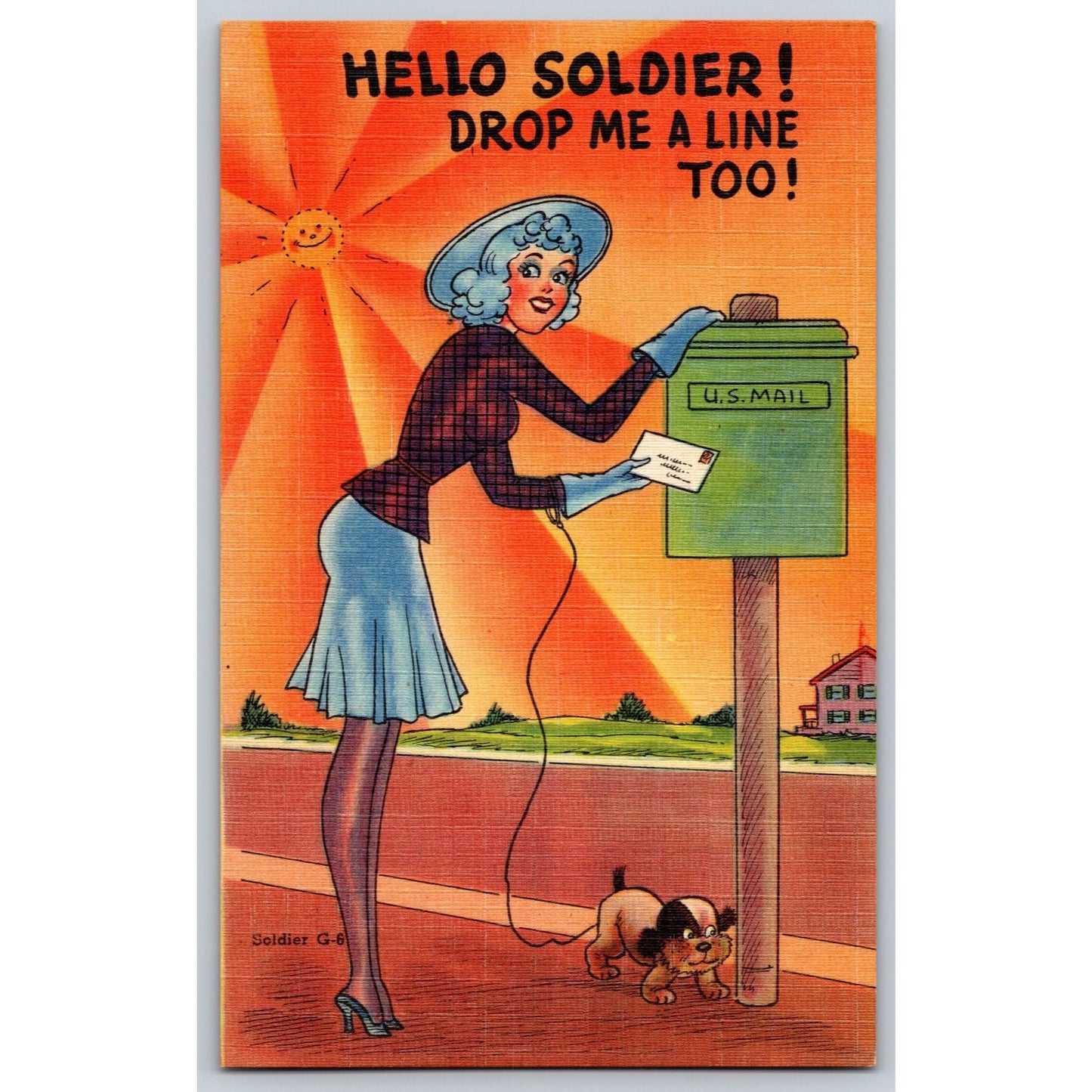 Comic Postcard Humorous WWII Era Hello Soldier Linen Asheville Post Card Co