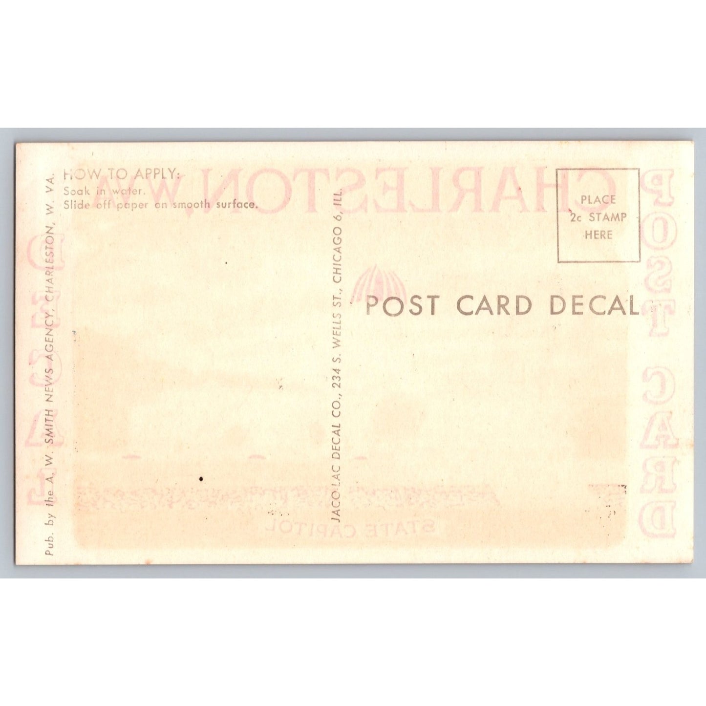 Charleston WV West Virginia State Capitol Postcard Decal AW Smith News
